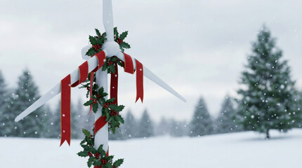 Eco friendly wind turbine decorated for christmas promotes sustainability in peaceful winter snow