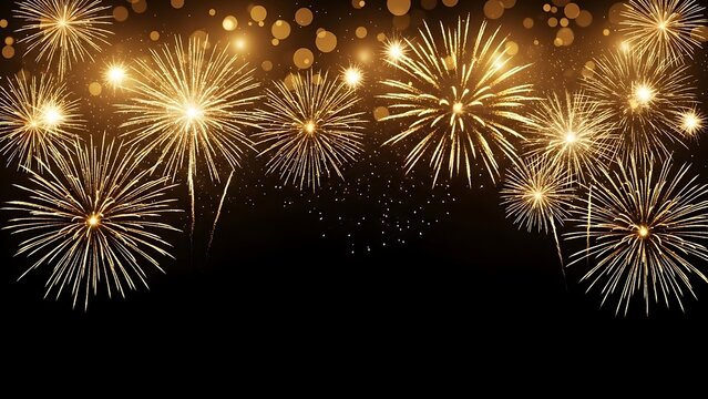 Spectacular golden fireworks display on a dark night sky backdrop illuminating the celebration festive background for holidays