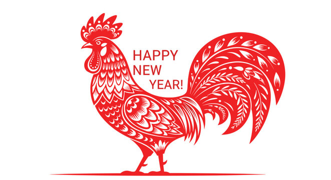 Stylized red rooster in a traditional paper-cut folk art style with an intricate pattern, wishing a "Happy New Year!".