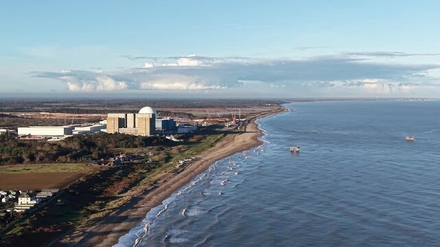 Panning drone aerial Sizewell Nuclear power Station Suffolk UK