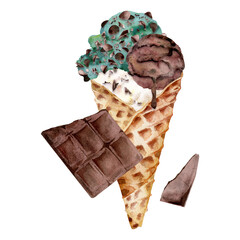 Mint gelato ice cream scoop with chocolate chips and syrup drizzle in crisp waffle cone. Isolated illustration hand drawn in watercolor. Cafe poster, bakery wrap, snack sticker, gelateria design.