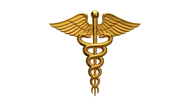 Golden Caduceus Symbol, with wings and snakes, isolated on white or transparent background. PNG