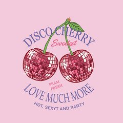 Hand drawn fashion graphic prints for cherries fruit in disco ball style. Fashion slogan print ,Disco cherry.