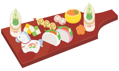 羽子板のプレートに盛られたお節　午年