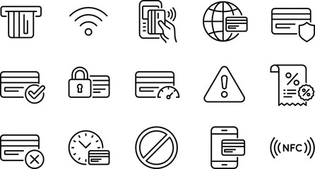 Secure Banking and Digital Payment Outline Icons Set: Credit Card, Mobile Transaction, NFC, and Financial Safety Vector Collection