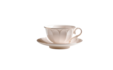 Delicate white floral scalloped teacup and saucer, suited for vintage tea parties. Romantic feminine design for shabby chic table decor.