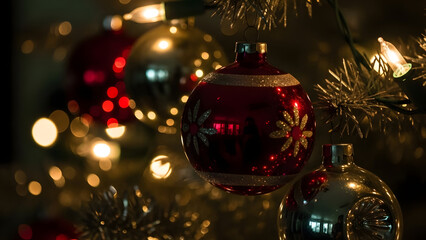 Festive Red and Silver Ornaments Adorn a Twinkling Christmas Tree with Bokeh Lights