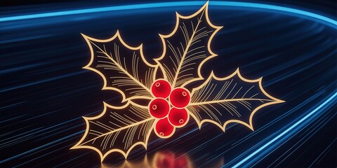 Glowing golden holly leaves with bright red berries adorn a dark abstract background