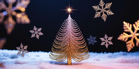Glistening golden decorative tree with bright star stands amid falling snowflakes on snow