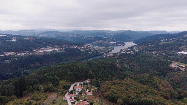 Aerial view of the t&acirc;mega river landscape by rio de moinhos village