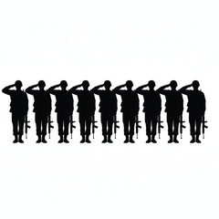Naklejka premium Row of saluting soldiers in formation, vector silhouette style.