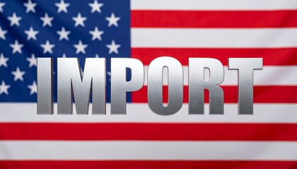 Metallic 3D “IMPORT” text with US flag backdrop and glossy reflection on dark surface