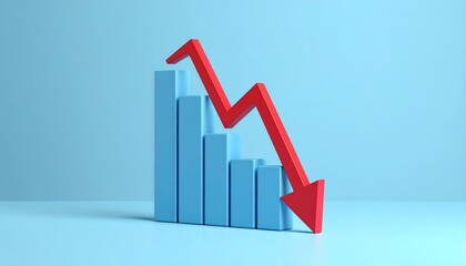 3D bar graph with blue bars declining left to right and red arrow overlay on dark gradient background