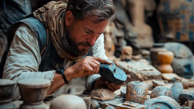 Expert archaeologist examines ancient artifacts in an archaeological dig site in the desert
