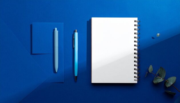 Spiral-bound notepad with blank pages and black pens on solid blue surface in minimal composition