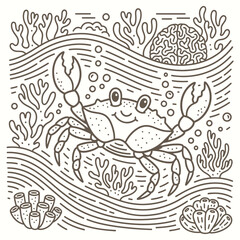 Cute Crab in Coral Reef Monoline Vector Illustration