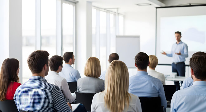 Male speaker presenting to audience in modern conference room  