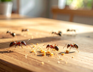 Ants Approaching Food Crumbs on the Table