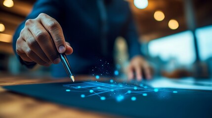 Businessman Strategically Illustrating Digital Connectivity Network on Whiteboard in Modern Office