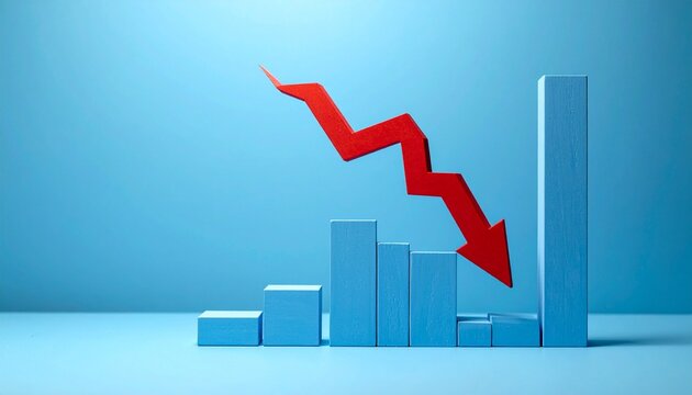 3D bar graph with blue bars declining left to right and red arrow overlay on dark gradient background