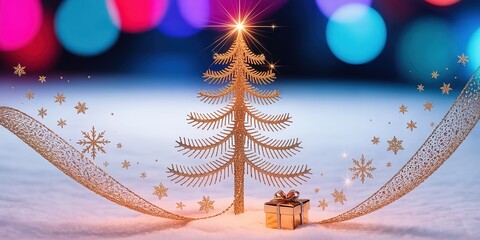 Illuminated golden Christmas tree with star stands beside present and floating snowflakes on snow