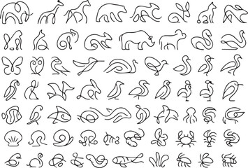 Continuous Line Art Animal Icons Set: Minimalist Vector Wildlife, Birds, and Marine Creatures