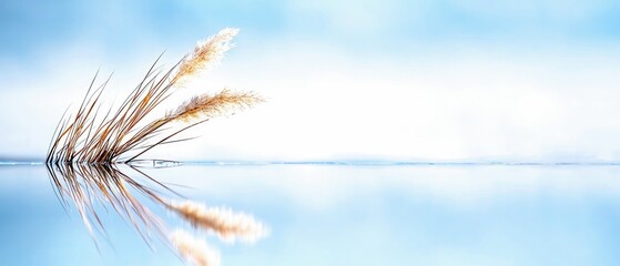 A cluster of tall, dry reeds with fluffy tops emerges from calm, reflective water. The background is a soft, bright sky with a hint of blue.