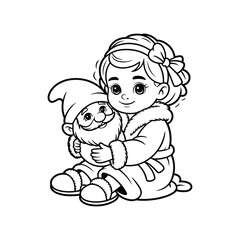 Cute Cartoon Girl Hugging a Garden Gnome Character Illustration Keywords: girl, child, kid, gnome, garden gnome, dwarf, fantasy, character, hug, embrace, holding, toy, doll, stuffed animal, cute