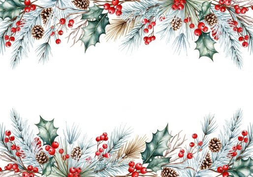 Zarte winterliche Zweige mit Beeren und Zapfen rahmen eine helle Fl&auml;che leicht und festlich ein Generative KI