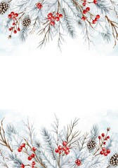 Zarte winterliche Zweige mit Beeren und Zapfen rahmen eine helle Fl&auml;che leicht und festlich ein Generative KI