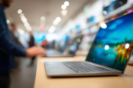 Choosing a new laptop in a modern electronics store. Close-up of a computer on a display counter with a blurred background. Consumer technology and retail shopping
