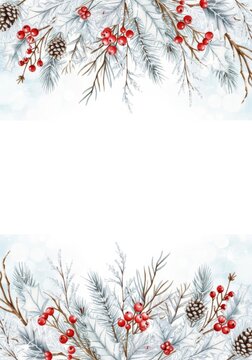 Zarte winterliche Zweige mit Beeren und Zapfen rahmen eine helle Fl&auml;che leicht und festlich ein Generative KI