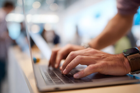 Close-up of a man's hands typing on a laptop keyboard in a store. A customer tests a new computer during a sale. Modern technology and retail concept