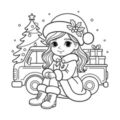 Girl in Santa Hat and Fur Coat Sitting by a Truck with Christmas Tree and Gifts child