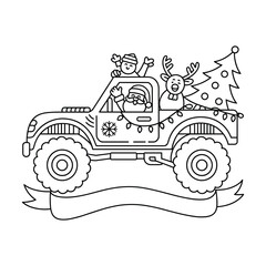 Santa Claus and Snowman Driving Monster Truck with Christmas Tree and Reindeer vector