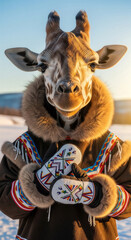 Amusing winter scene of a giraffe dressed in traditional Inuit clothing and mittens, standing upright in a snowy, sunlit Arctic setting.