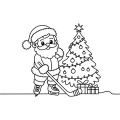 Santa Claus Ice Skating with Hockey Stick near Christmas Tree and Gifts sport