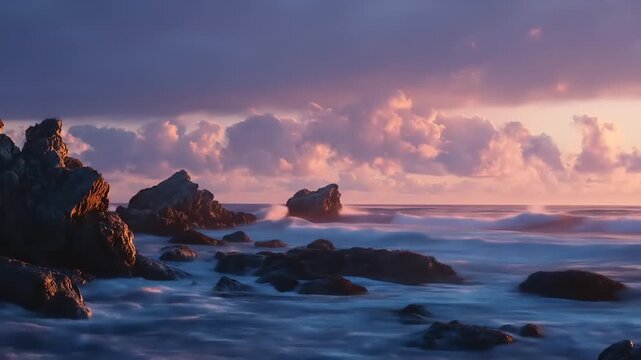 Coastal scene at sunset dramatic sky over rocky shoreline and ocean - Powered by Adobe
