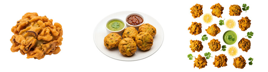 Assorted pakora arrangements with dipping sauces and lemon slices on a plain surface display food art on transparent background