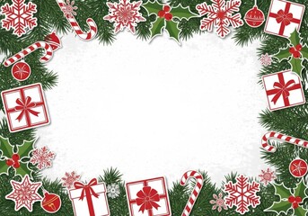 Bunte weihnachtliche Symbole mit Geschenken Zuckerstangen und Kugeln rahmen eine helle Fl&auml;che fr&ouml;hlich ein Generative KI