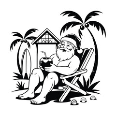 Santa Claus Lounging on a Beach Chair with a Coconut Drink and Surfboard Keywords: Santa Claus, Christmas, holiday, vacation, beach, tropical, coconut drink, cocktail, straw, lounge chair