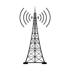 Stylized outline of a tall communication tower emitting radio waves isolated on transparent background