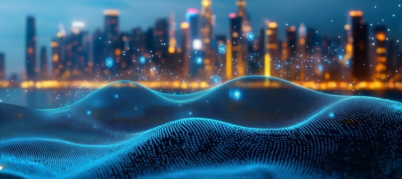 Futuristic Cyberpunk Cityscape with Vibrant Neon Lights and Dynamic Tech Wave Motion Background