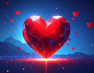 Glowing faceted heart surrounded by floating smaller hearts, in a starry space