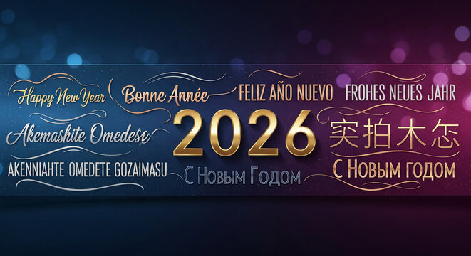 Festive banner displaying "Happy New Year 2026" in multiple languages with golden lettering on a gradient, symbolizing celebration and global unity