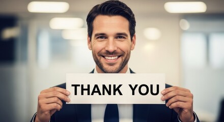 Man holding a sign with text thank you. Gratitude concept for appreciation to clients and partners. Business communication.