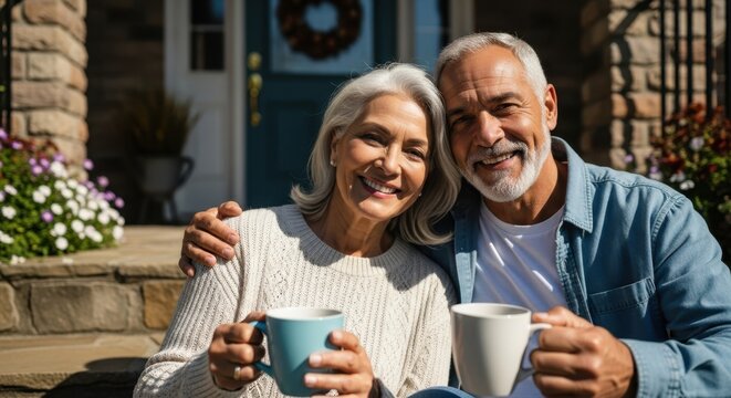 Smiling woman and man sitting on steps with coffee cup. Happy senior couple relaxing outside home. Outdoor leisure activity for elderly.