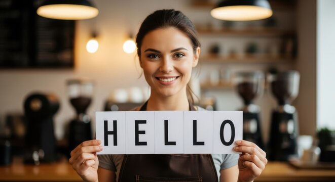 Woman barista holding message card saying hello. Friendly greeting from a cafe worker. Welcome service concept for hospitality and customer care.