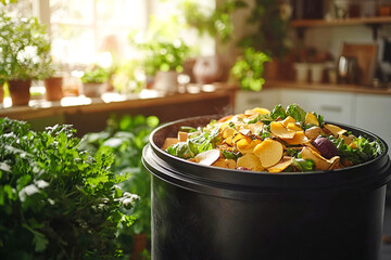 Composting kitchen scraps in a bright home kitchen filled with plants Generative AI