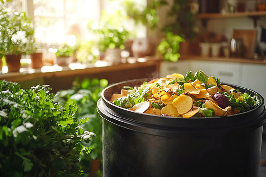 Composting kitchen scraps in a bright home kitchen filled with plants Generative AI - Powered by Adobe